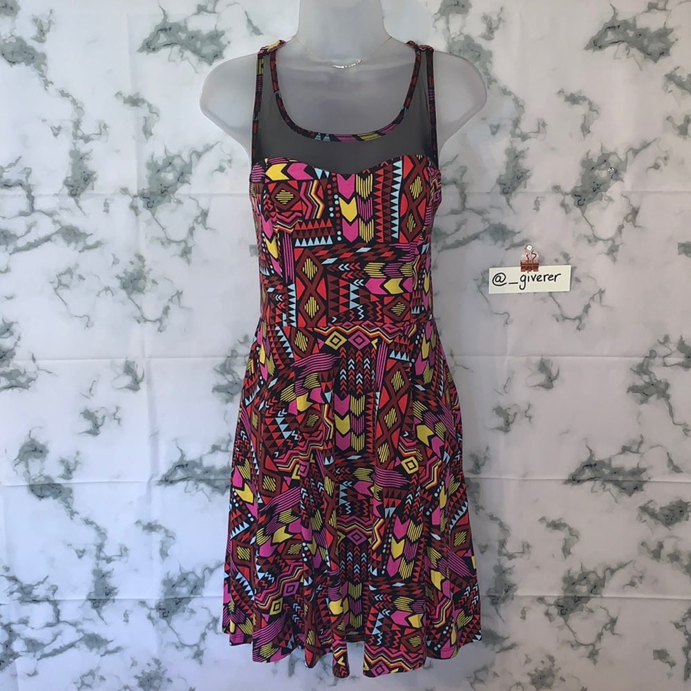 L Xhilaration Multi Color Geo Abstract Print Mesh Inlay Dress